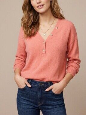 LOFT Coral Henley V‑Neck Button‑Placket Sweater